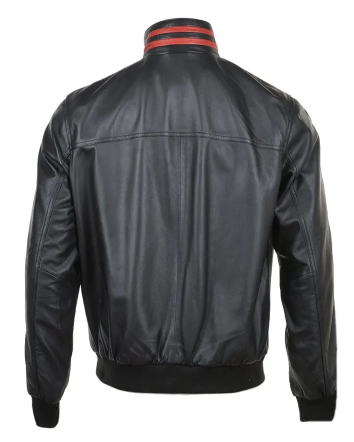 Black With Red Striped Bomber Leather Jacket Back