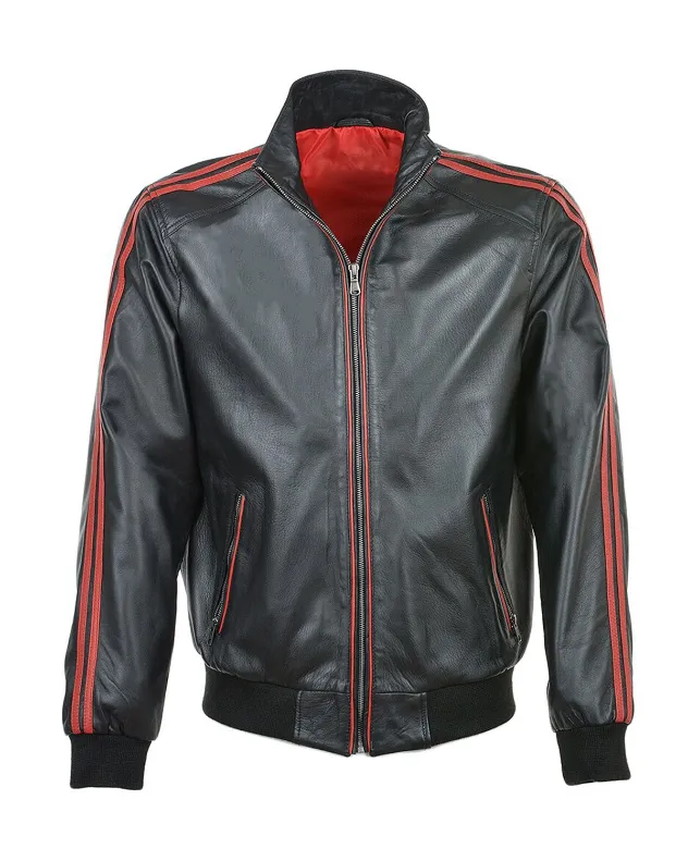 Black With Red Striped Bomber Leather Jacket