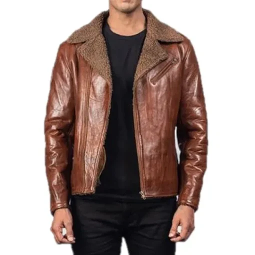 Brown Biker Shearling Fur Genuine Leather Jacket