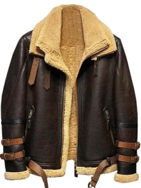 Brown Double Belted Collar Shearling Leather Jacket