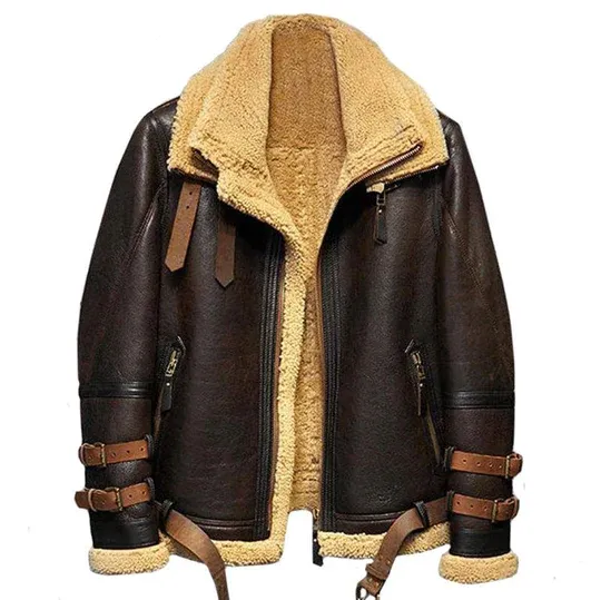 Brown Double Belted Collar Shearling Leather Jacket