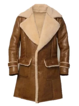 Brown Wide Large Lapel Collar Shearling Leather Coat
