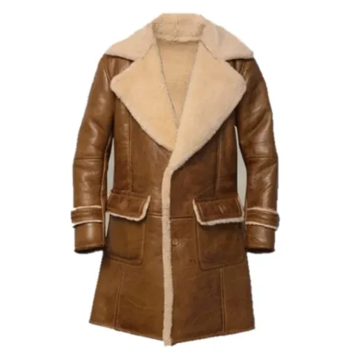 Brown Wide Large Lapel Collar Shearling Leather Coat