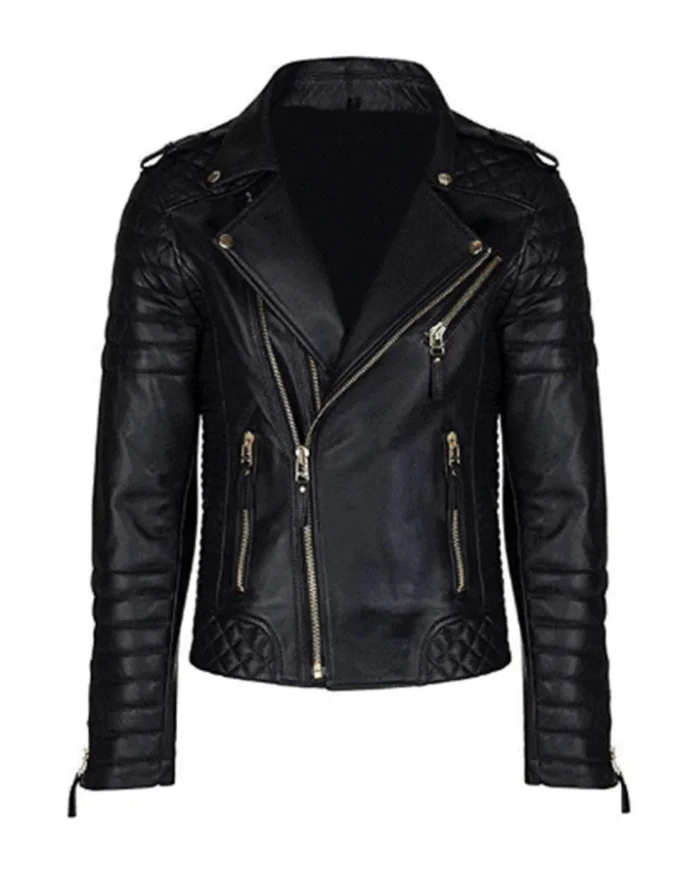 Diamond Quilted Padded Biker Black Leather Jacket