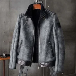 Distressed-Belted-Collar-Black-Biker-Shearling-Leather-Jacket