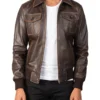 Four Pockets Chocolate Brown Bomber Leather Jacket
