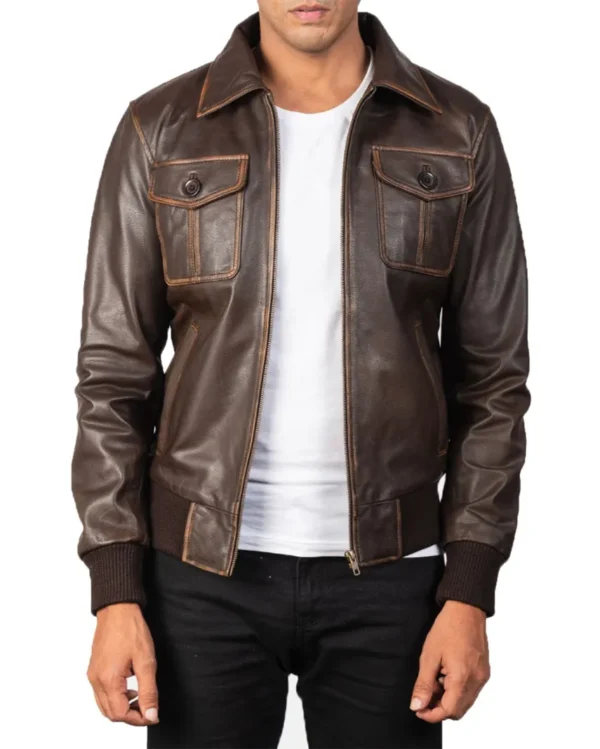 Four-Pockets-Chocolate-Brown-Bomber-Leather-Jacket