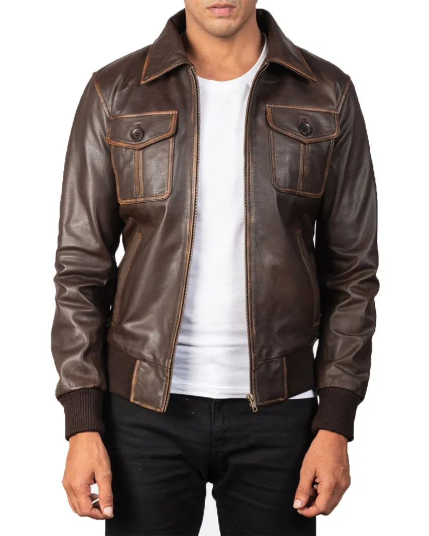 Four Pockets Chocolate Brown Bomber Leather Jacket