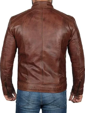 Mens 04 Zipper Pockets Padded Leather Jacket Back