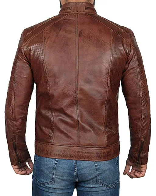 Mens 04 Zipper Pockets Padded Leather Jacket Back