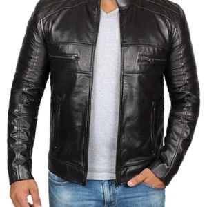 Mens 04 Zipper Pockets Padded Leather Jacket Black