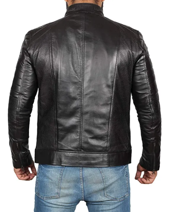 Mens 04 Zipper Pockets Padded Leather Jacket Black Back