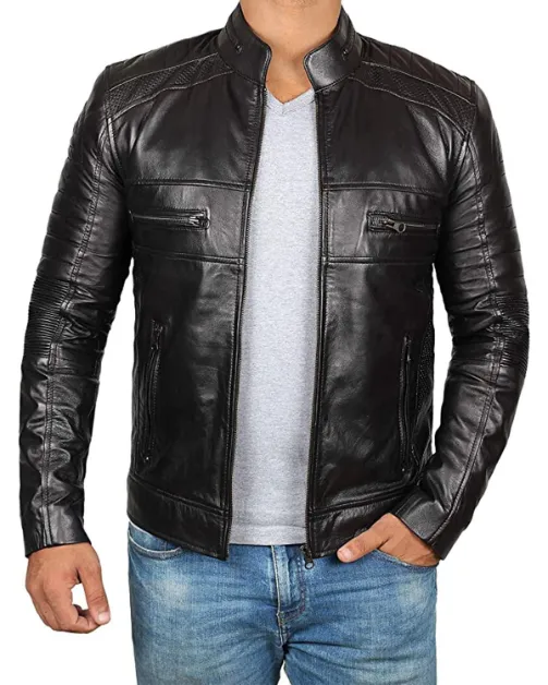 Mens 04 Zipper Pockets Padded Leather Jacket Black