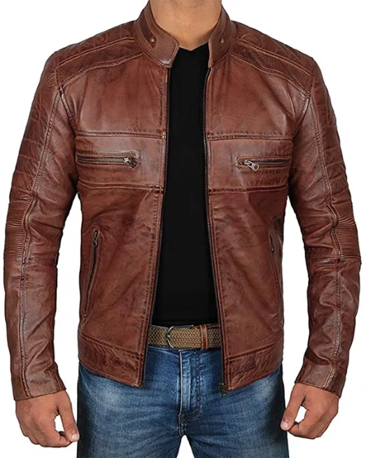 Mens 04 Zipper Pockets Padded Leather Jacket