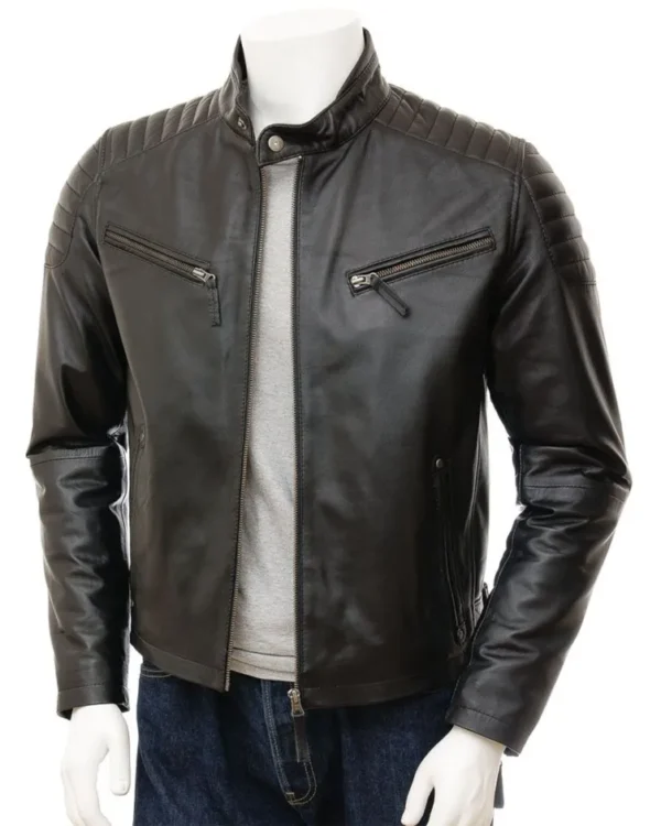 Mens 80s Style Vintage Biker Quilted Leather Jacket Black