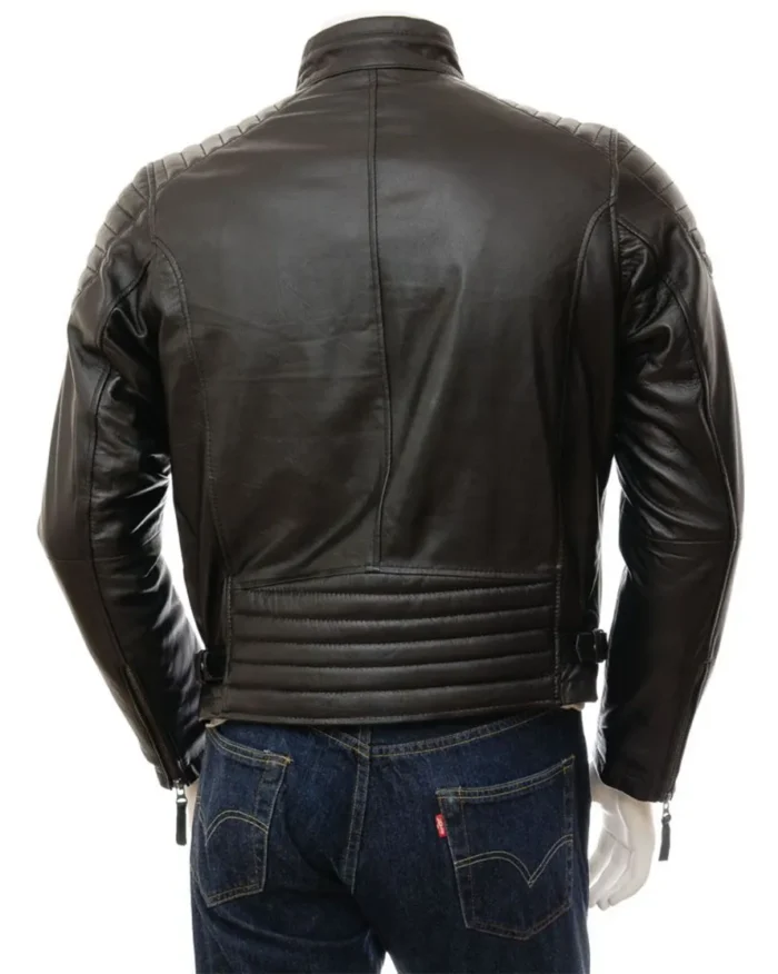 Mens 80s Style Vintage Biker Quilted Leather Jacket Black Back