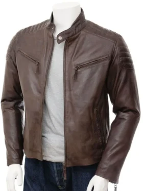 Mens 80s Style Vintage Biker Quilted Leather Jacket Brown