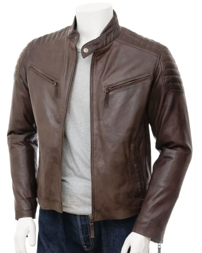 Mens 80s Style Vintage Biker Quilted Leather Jacket Brown