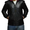Mens All Black Bomber Leather Jacket With Hood