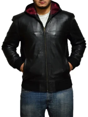 Mens All Black Bomber Leather Jacket With Hood
