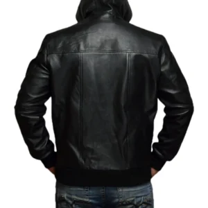 Mens All Black Bomber Leather Jacket With Hood Back