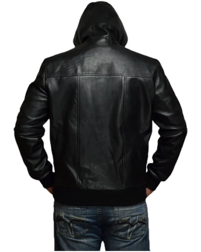 Mens All Black Bomber Leather Jacket With Hood Back