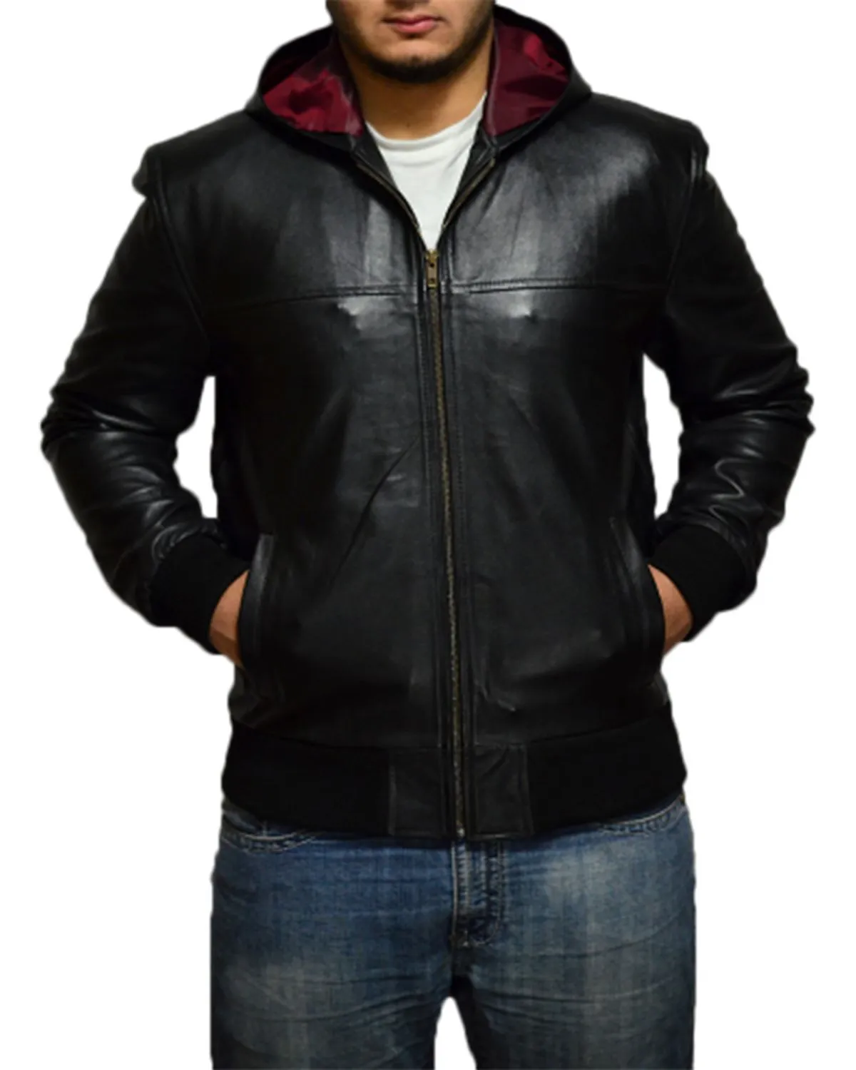 Mens All Black Bomber Leather Jacket With Hood