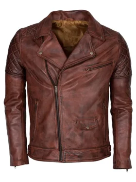 Mens Asymmetrical Zipper Brown Quilted Jacket
