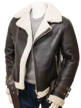 Mens Biker Aviator Shearling Fur Leather Jacket