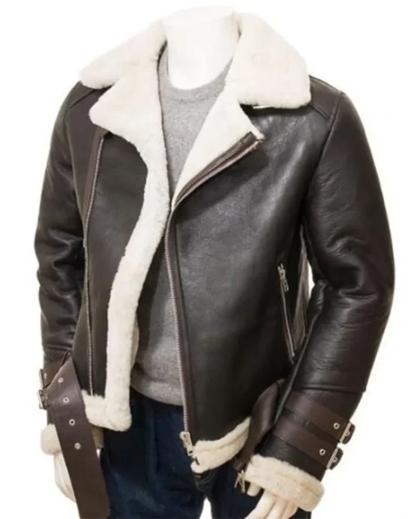 Mens Biker Aviator Shearling Fur Leather Jacket