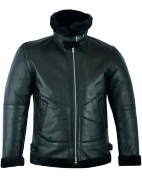 Mens Black Belted Collar Shearling Leather Jacket