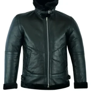 Mens Black Belted Collar Shearling Leather Jacket