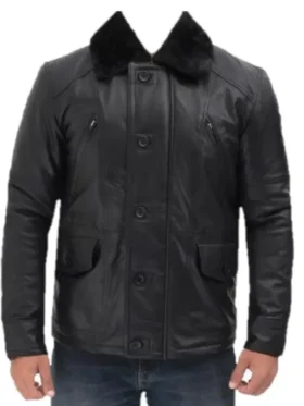 Mens Black Buttoned Closure Shearling Leather Jacket