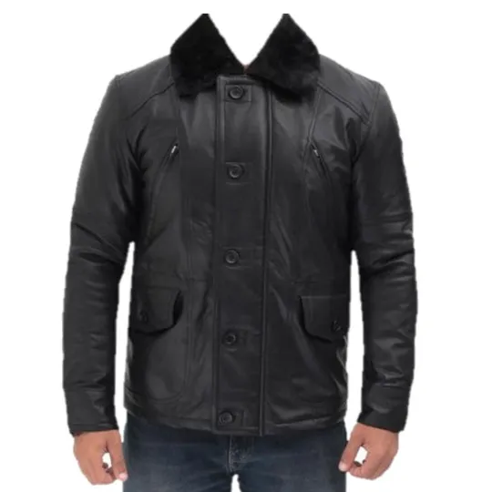 Mens Black Buttoned Closure Shearling Leather Jacket