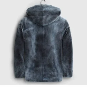 Mens Black Grey Mink Fur Jacket With Hood Back