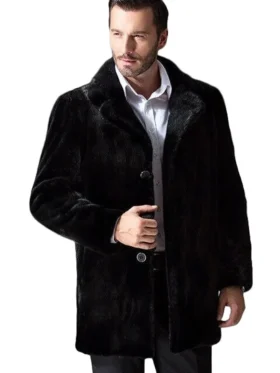 Mens Black Mink Fur Fluffy Buttoned Fastening Coat