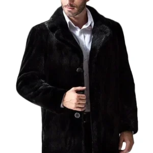 Mens Black Mink Fur Fluffy Buttoned Fastening Coat