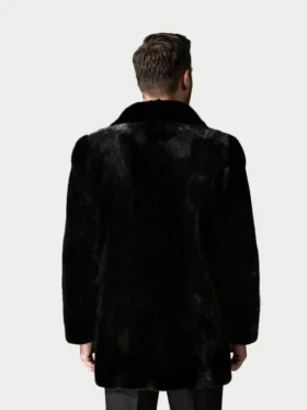 Mens Black Mink Fur Fluffy Buttoned Fastening Coat Back