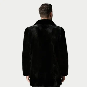 Mens Black Mink Fur Fluffy Buttoned Fastening Coat Back
