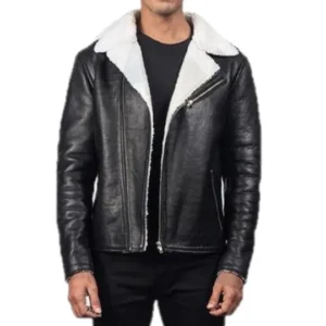 Mens-Black-Real-Leather-White-Shearling-Fur-Jacket