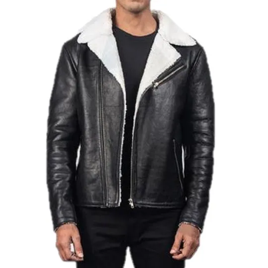 Mens Black Real Leather White Shearling Fur Jacket