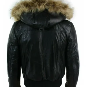 Mens Bomber Leather Jacket With Detachable Hood Back