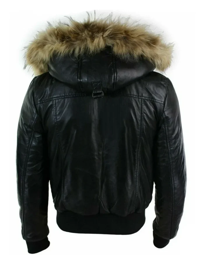Mens Bomber Leather Jacket With Detachable Hood Back