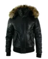 Mens Bomber Leather Parka Jacket With Detachable Hood