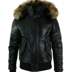 Mens Bomber Leather Parka Jacket With Detachable Hood