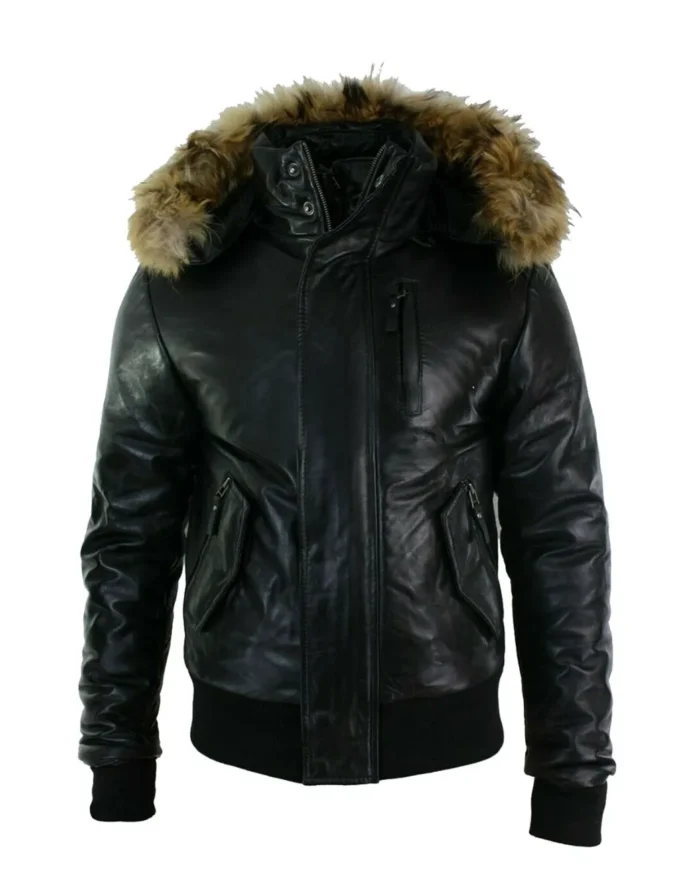 Mens Bomber Leather Parka Jacket With Detachable Hood