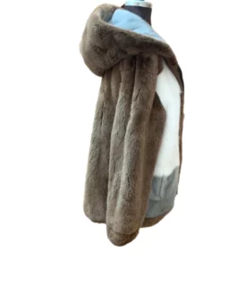 Mens Brown Beige Colorblocked Mink Fur Hooded Jacket