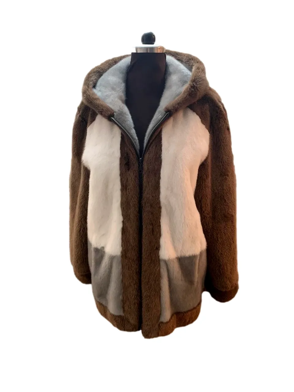 Mens Brown Beige Colorblocked Mink Fur Jacket
