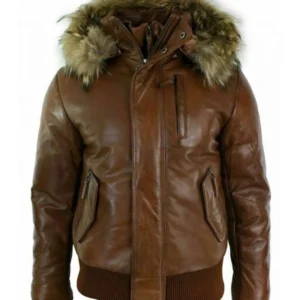 Mens Brown Bomber Leather Jacket With Detachable Hood