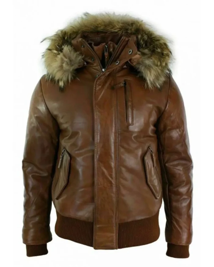 Mens Brown Bomber Leather Jacket With Detachable Hood